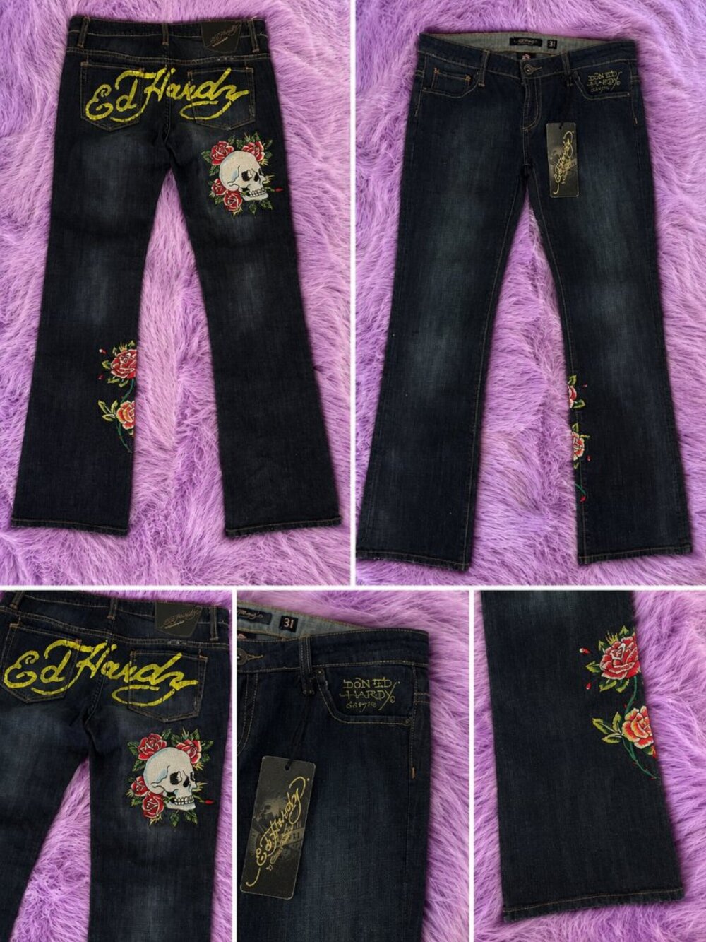 Vintage Y2K Ed Hardy Skull Rose Embroidered Jeans Size 31 NWT